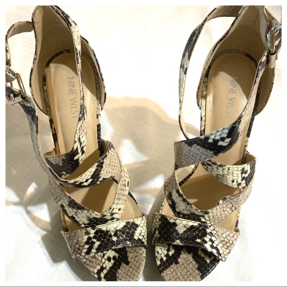 Nine West Snake Print Strappy Sandals in Black and Cream
